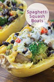 Vegetarian Spaghetti Squash Boats A Low Carb And Gluten Free Dinner Recipe Spaghetti Squash Boat Vegetarian Spaghetti Spaghetti Squash