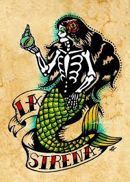Day Of The Dead Mermaid Tattoo Art La Sirena Loteria Print 5 X 7 8 X 10 Or 11 X 14 Tatouage Sirene Tatouage Artistique Dessin Squelette