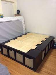 A Bed Made From 3 Storage Cubes And A Piece Of Plywood Brilliant Bed Frame With Storage Cube Storage Bedroom Diy Furniture Bedroom