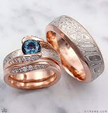 Sapphire And White Mokume Gane Wedding Ring Set Rings Wedding Ring Sets Wedding Rings