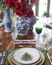 Maybe you would like to learn more about one of these? Flower Christmas Table Setting Classic Holiday Decor Blue White Ginger Jars Christmas Tree Spode Dinner Plates Wine Glasses The Glam Pad