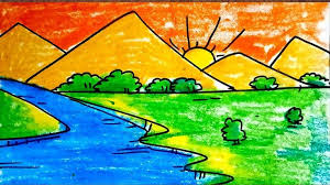 Sunset scenery drawing with oil paste for beginners step by step. Easy Art 1 Step By Step Art For Children Sunset Painting Landscape And Scenery Painting Cute766