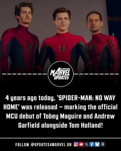 4 years ago today, 'SPIDER-MAN: NO WAY HOME' was released — marking the  official MCU debut of Tobey Maguire and Andrew Garfield alongside Tom  Holland. 🕷️🕸️ #SpiderManNoWayHome #MCU #SpiderVerse #MarvelStudios