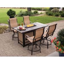 Hanover Monaco 5 Piece High Dining Bar Set With 30 000 Btu Fire Pit Bar Table Tan Aluminum Fire Pit Dining Set Fire Pit Table Rectangular Fire Pit