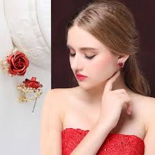 Feminino -Acessórios -Brincos Brinco Flor Rosas Feminino Strass Pedra Festa  Casamento Luxo