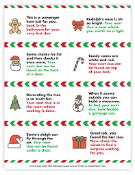 Follow the instructions with details on which clue goes where. Free Printable Christmas Scavenger Hunt Pjs And Paint