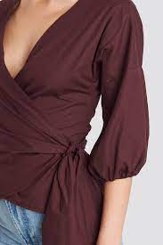 Wrap Over Balloon Sleeve Blouse Burgundy Na Kdlounge Com