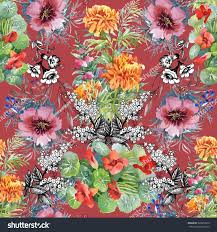 Watercolor Red Water Lily And Marigold Flower Hand Painted Seamless Pattern On Red Background Ad Lily Marigold Wate Watercolor Red Marigold Flower Red Water