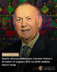 South African billionaire Christo Wiese's Premier Group is set to acquire  fellow South African food producer RFG Holdings in a share-swap deal valued  at up to R5.9 billion ($340 million). The deal