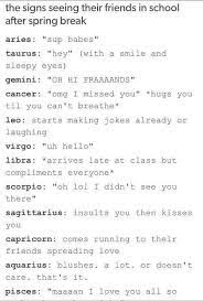 The Signs Seeing Their Friend At School After Spring Break Zodiac Zodiac Star Signs Zodiac Signs Zodiac Signs Horoscope
