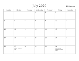 July 2020 Calendar Philippines Holidays In 2020 Blank Calendar Template Monthly Calendar Printable Calendar Printables