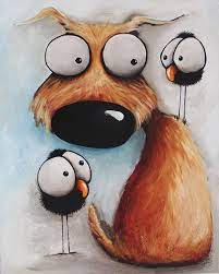 Original Acrylic Canvas Painting Whimsical Modern Art Animal Dog Puppy Bird Crow Modernism Whimsical Art Art Painting Art