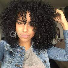 Natural Looking 1b Synthetic Curly Hair Wigs For Women Shoulder Length Long Curly Wigs With Bangs For African American Heat Resistant Party Wigs Us 52 11 G Hair Styles Natural Hair