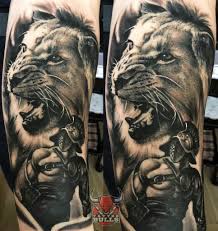 Roman Gladiator And Lion Tattoo By Emilio Limited Availability At Salvation Tattoo Studios Gladiator Tattoo Roman Tattoo Spartan Tattoo