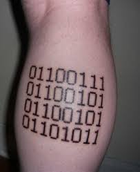 The binary tattoo facebook page is retiring. Awesome Black Ink Binary Code Geek Tattoo On Leg Tattooimages Biz