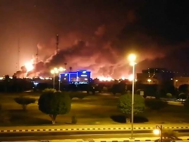 Smoke billows from a Saudi Aramco facility following a reported drone and missile attack by Houthi forces.