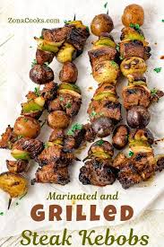 Rib eye kabobs these grilled marinated rib eyes kabobs are bursting with flavor. This Easy Grilled Steak Kebobs Recipe Will Not Disappoint With Succulent Ribeye Steak Paired With Baby Bella Mushro Grilled Steak Recipes Recipes Grilled Steak