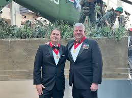 Col William P. Davis USMC (Ret), national executive director and CEO of the  Young Marines, and David Harl, president of Pinnacle Productions, received  the Major Norman Hatch Award from the Marine Corps