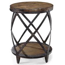 The tastefully finished table is a perfect element of the living room, hallway or lobby. Magnussen Home Pinebrook Round Accent End Table With Rustic Iron Legs Johnny Janosik End Tables