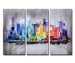 Amazon Com Artland Modern 100 Hand Painted Framed Wall Art Colorful City 3 Piece Gallery Wrapped Abstract Oil Painti Abstract Oil Painting Gallery Painting