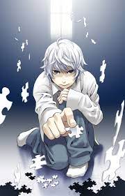 arita youko, near (death note), death note, highres, 00s, 1boy, ahoge,  baggy pants, blouse, blue eyes, collared shirt, hair between eyes, male  focus, messy hair, pants, puzzle, shirt, sitting, socks, solo, squatting,