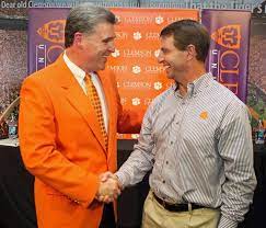 Tiger S Head Football Coach Dabo Swinney And Clemson S New Athletic Director Dan Radakovich Clemson Athletics Football Coach Clemson