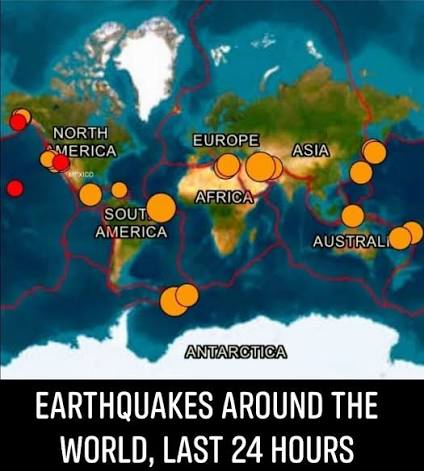 EARTHQUAKES AROUND THE WORLD IN LAST 24 HOURS This is a map of earthquakes  detected by the USGS systems around the world. Most of the earthquakes are  below a 4 intensity, so