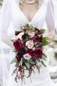 Burgundy silk wedding bouquets with artificial flowers & faux greenery. Fall Wedding Flowers Green Images