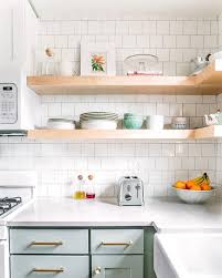 Light Wood Shelving Over White Tile Backsplash Kitchen Remodel Small Square Kitchen Rustic Kitchen Decor