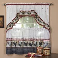 By the sea kitchen curtains represents an interesting nautical design in light blue featuring star fish, crabs, sailboats, sea horses, shells and fish printed on an ivory ground. Country Rooster Kitchen Curtain Tier Swag Set 36 In Long Walmart Com Walmart Com