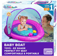 Amazon Com Swimschool Infant Baby Pool Float With Splash Play Activity Toys Adjustable Sun Canopy Perfect Fit Safety Seat Infant Baby Floatie 6 24 Months Pink Aqua Everything Else