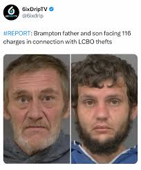 A 55-year-old man and his 32-year-old son are facing 116 charges in  connection with LCBO thefts in Brampton. Peel police said in May, their  officers, in collaboration with the LCBO Organized Crime
