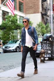 Do Black Jeans And Blue Denim Jacket Go Together Men S Navy Denim Jacket White V Neck T Shirt Black Jeans Brown Suede Desert Boots Mens Street Style Menswear Mens Outfits