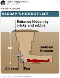 In june 2021, the illustration went viral following a tweet comparing it to a rented apartment, with humorous edits of the image following in late june 2021. Saddam Hussein S Hiding Place Know Your Meme