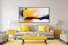 72x36 Large Contemporary Painting On Canvas Modern Yellow Grey Orange Wall Art Org06cr Sofaecke Zimmer Wohnzimmer