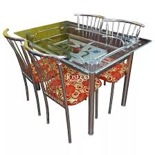 Glass dining table tempered glass top metal frame home kitchen for family black. Neha Fh Stainless Steel 4 Seater Table And Chairs Set With Top Glass Dining Sets Best Furniture Store In South India Buy Furniture Online