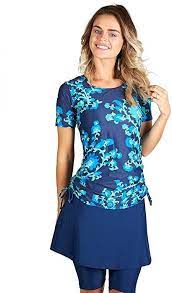 Amazon Com Ella Mae Womens Modest Swimsuit With Short Sleeve Rash Guard Swim Shirt And Swim Skirt With Knee Length Leg Modest Swimsuits Swim Shirts Swim Skirt
