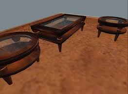This exotic coffee table is made from reclaimed wood, which means that every pure handmade craftsmanship adds the vintage spectacular style to the coffee table and feasts you with exoticism. Second Life Marketplace Coffee Table 2 End Tables Wood With Etched Glass