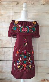 Handmade Womens Embroidered Mexican Dress Off The Shoulder Maroon Red Medium Handmade Mexicandress Mexican Embroidered Dress Mexican Dresses Dresses