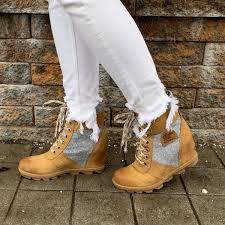Sorel lexie wedge boots for women. Sorel Lexie Wedge Leather Wool Waterproof Lace Up Boots Camel Gray Sz 10 New Ebay