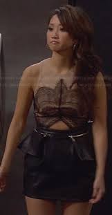 WornOnTV: Veronica's nude and black lace and leather peplum dress on Dads | Brenda  Song | Clothes and Wardrobe from TV