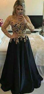 Elegant Black And Gold Ball Gown Modest Black And Gold Long A Line Long Sleeves Lace Prom Gowns Evening Dresses Okf14 Prom Dresses Long With Sleeves Prom Dresses Modest Plus Size Prom Dresses