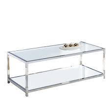 The 24 by 47 table features a rectangular glass top with an additional bottom glass shelf for extra space. Glass Top Metal Coffee Table With Open Bottom Shelf Silver And Clear