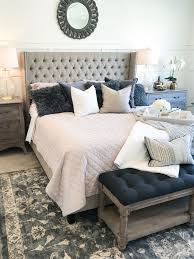 Cozy Luxe Bedroom With Tufted Headboard White Walls And Shiplap Ceiling Luxe Bedroom Blue Bedroom Walls Tufted Headboard Bedroom