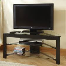 Would You Be Able To Hide The Wires Behind This Glass And Wood Black Corner Tv Stand Wood Corner Tv Stand Black Corner Tv Stand Corner Tv Stand