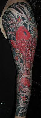 Cherry blossom tattoos derive from the japanese tattooing culture and represent the beauty and fragility of life. Red Koi With Waves And Cherry Blossoms Japanese Sleeve Tattoo By Dana Helmuth Tattoonow