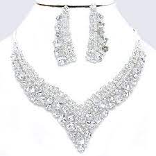 Clear Crystal Rhinestone Cube Jewel Stone V Shaped Formal Evening Silver Chunky Necklace Set Elegant Costume Jewelry Accesorios