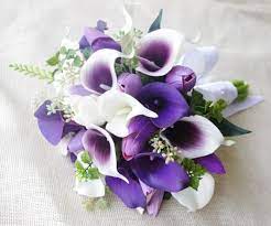 Wedding Bouquet Off White And Purple Heart Tulips And Calla Lilies Silk Flower Bride Bouquet Almost Fresh 24 Lilac Bouquet Calla Lily Bouquet Bridal Bouquet