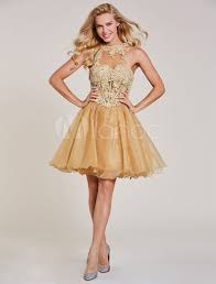 Short Prom Dresses Lace Tutu Graduation Dress Halter Light Gold Sleeveless Flowers Applique Party Dresses Applique Cocktail Dress Halter Dress Short Ladies Gown