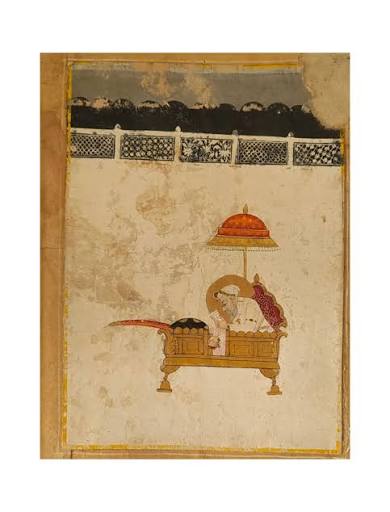 P-354, This artwork appears to be a hand-painted traditional Indian miniature painting on vintage-style paper, depicting a royally decorated stallion in the classic Rajasthani or Mughal style. DM if interested or for